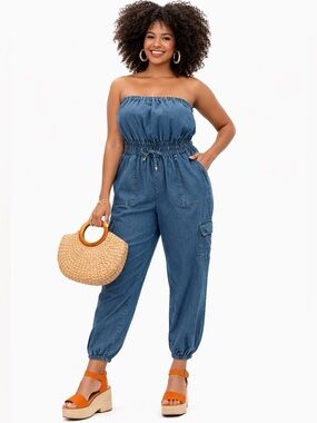 GIVEN KALE NWT Wide Leg Blue Strapless Denim Jumpsuit Junior’s Large